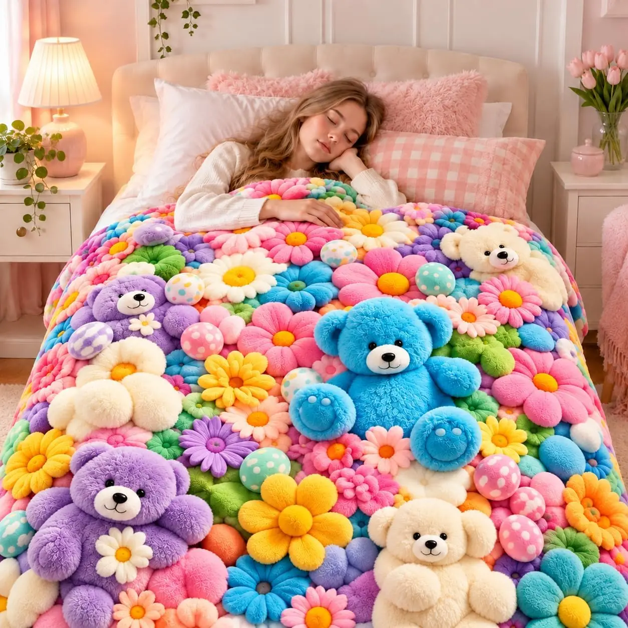 Teddy Pastel Floral Print Blanket, 2027 New 3D Plush Blanket，Teddy：60x80in
