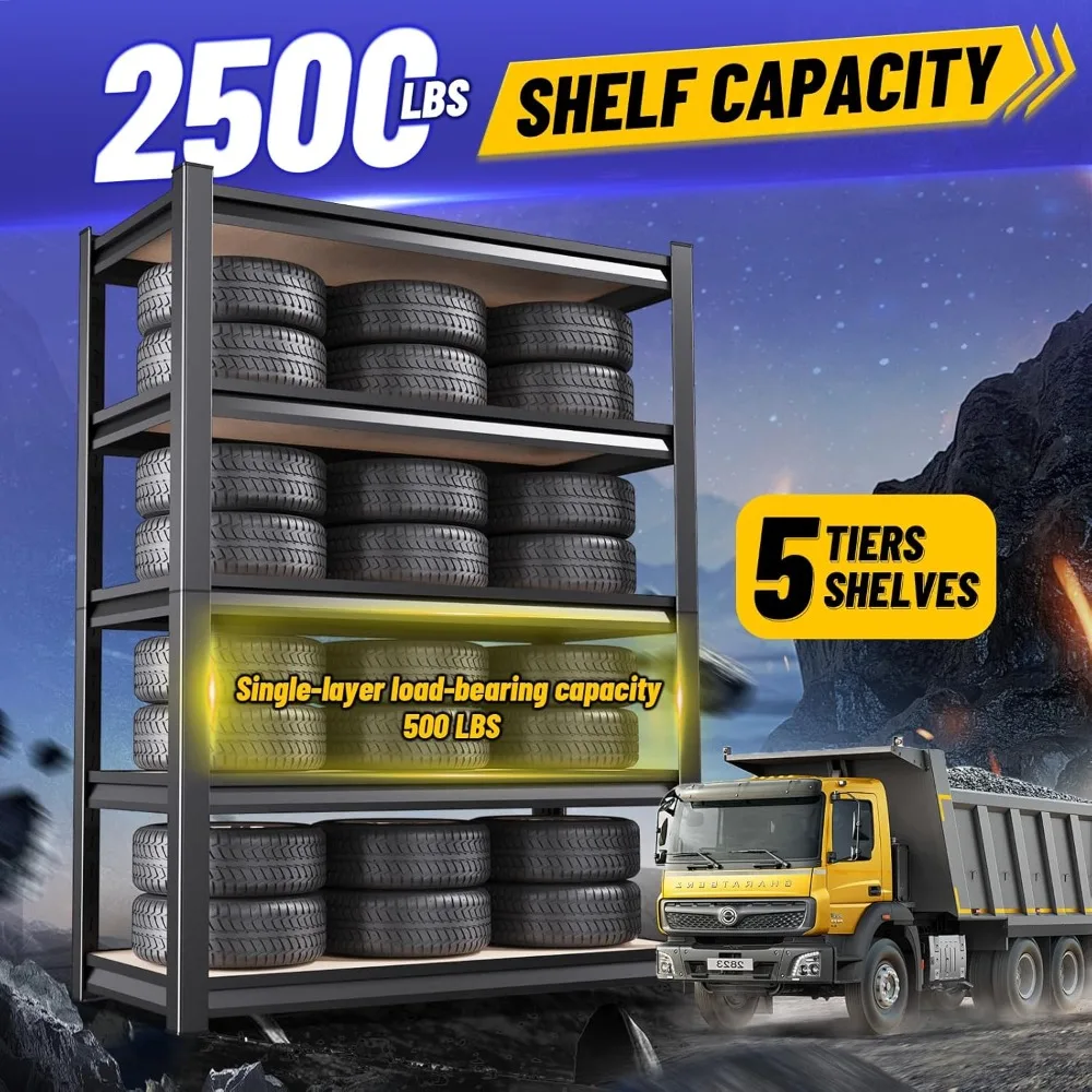 رفوف جراج مكونة من 5 طبقات شديدة التحمل، أرفف تخزين قابلة للتعديل، أرفف جراج معدنية 2500 رطل، رف تخزين للطابق السفلي،