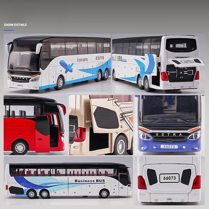 SETRA-Coche de juguete de autobús de lujo, modelo en miniatura fundido a presión, tire hacia atrás, sonido y luz, Colección educativa, regalo para