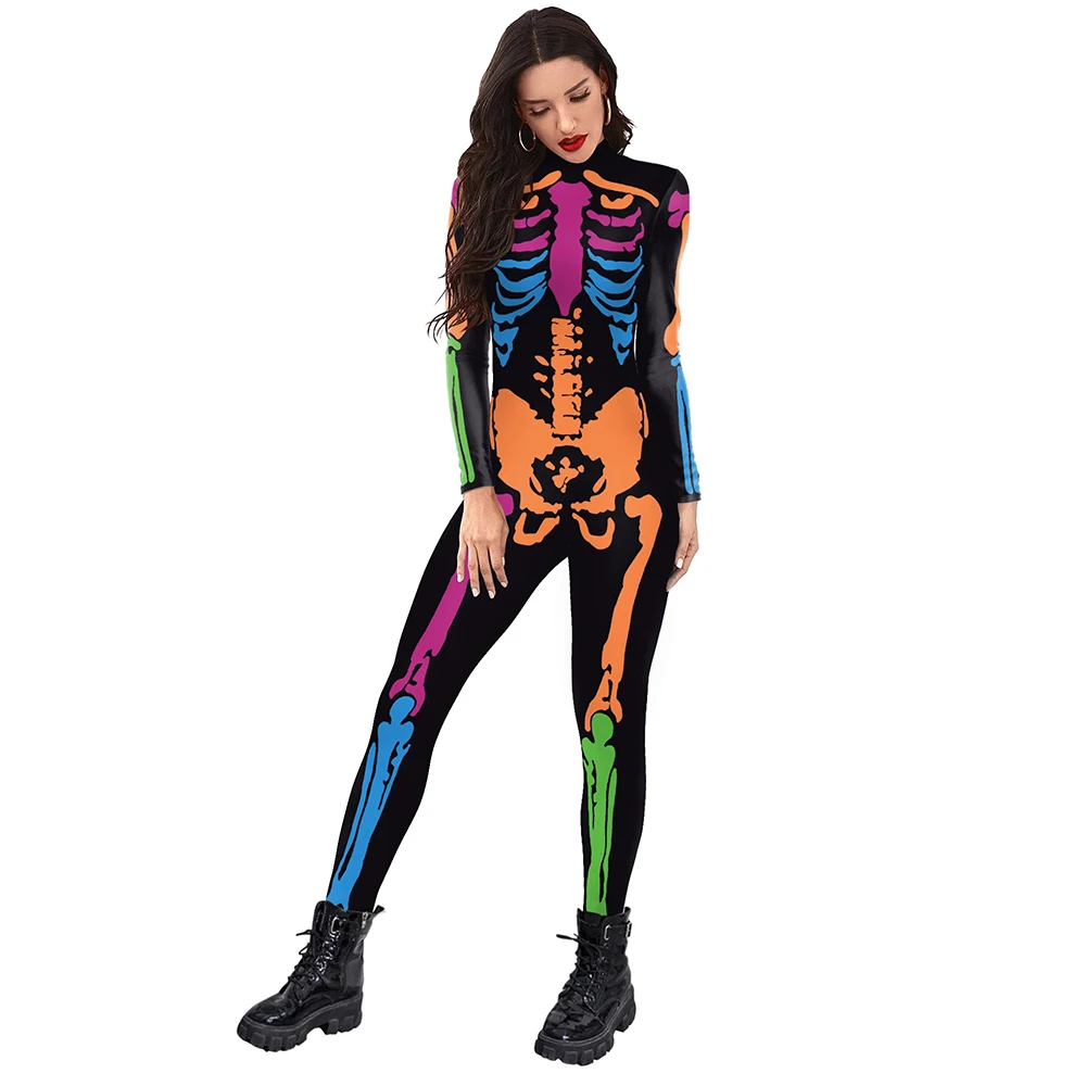 IOOTIANY Fluoreszierender Totenkopf-Overall, 3D-gedrucktes Halloween-Cosplay-Kostüm, sexy Jumpsuit, Bodysuit, Karnevalskleidung für Erwachsene – Detail 6