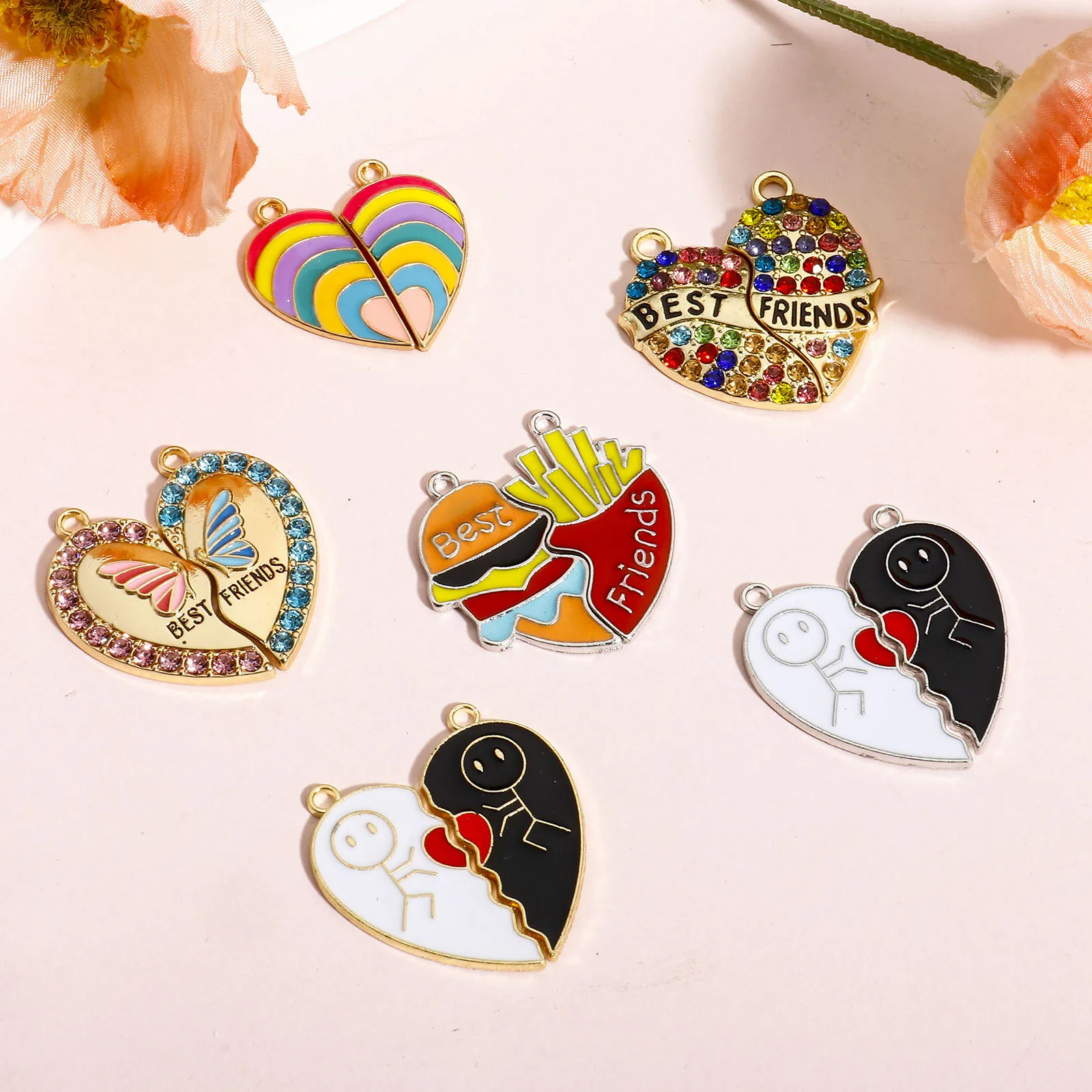 5Sets New Best Friends Pendants Gold Color Broken Heart Multicolor Enamel Rhinestone Charms DIY Necklace Earrings Women Jewelry