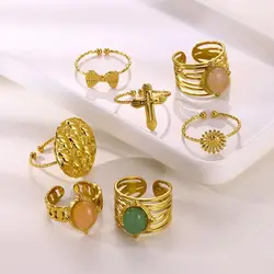 Opal Rings For Women Stainless Steel Cross Bowknot Daisy Open Adjustable Ring Jewelry Party Gift Bijoux Femme Anillos