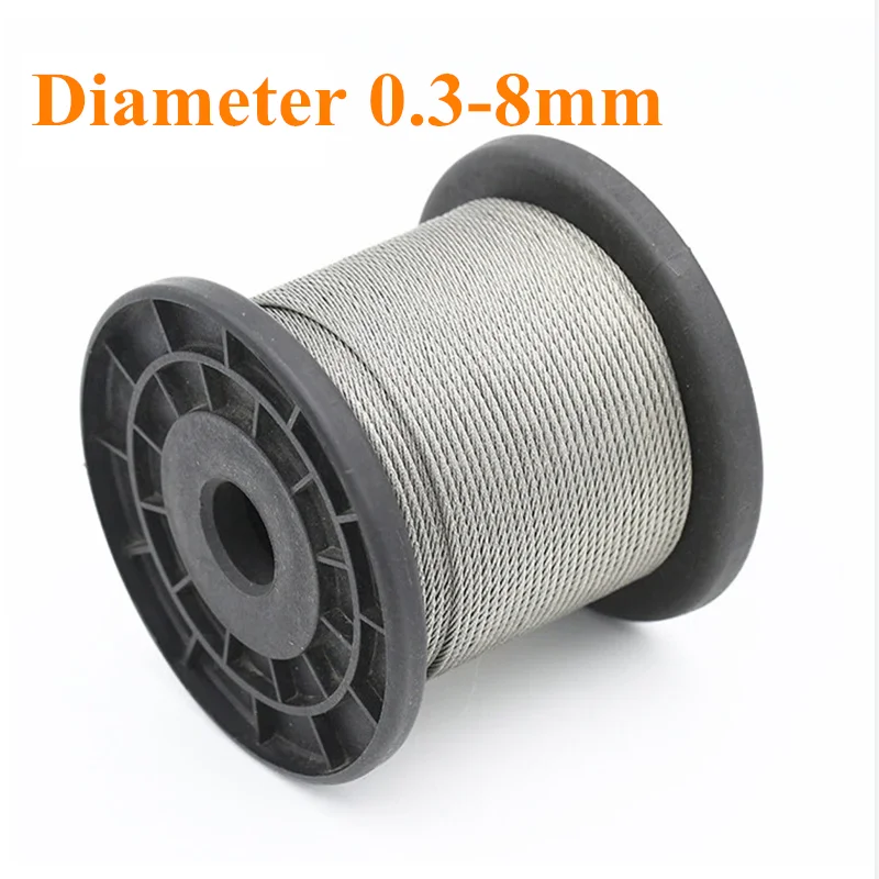 Diameter 0.3--8mm,20 to 100 Meters 304# Stainless Steel Wire Rope Soft Cable Fishing Clothesline Lifting Rustproof Line