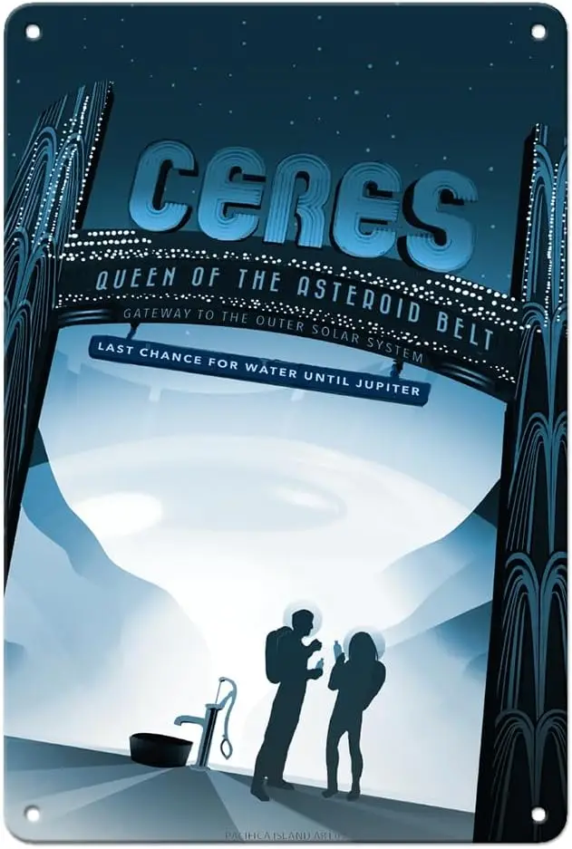 Pacifica Island Art Ceres - Queen of the Asteroid Belt - Exoplanet Travel Poster by Mark Kiver -  Vintage Metal Tin Sign