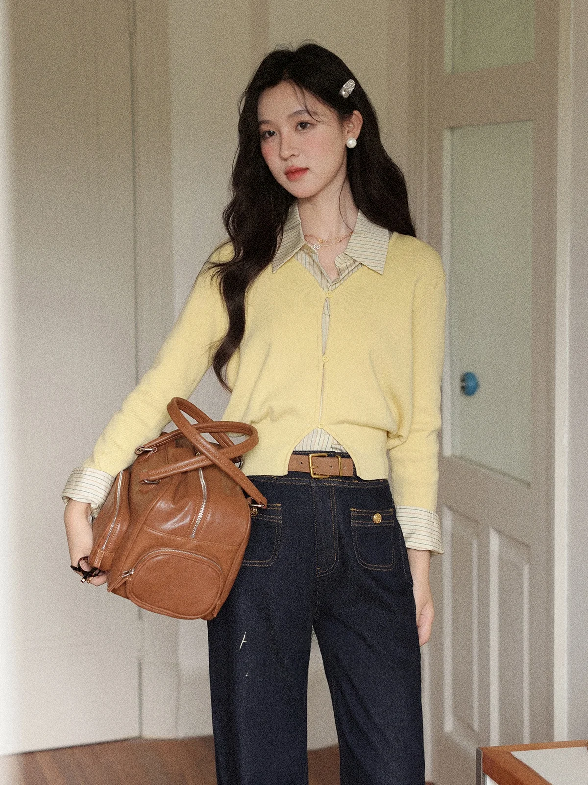 

South Deer Le Autumnal Yellow Knitted Open Cardigan Women's Thin Long Sve Top Commute Sle Regular Fit V-Ne Pure Color