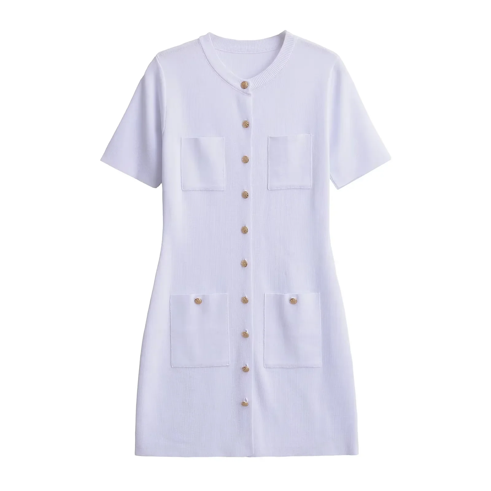 XNWMNZ Women's Stylish Elegant Pocket knitted Mini Dress Women Autumn/Winter slim short dress decorated with gold buttons