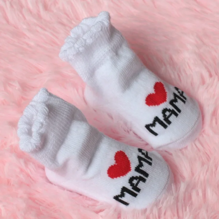 2 Pairs Newborn Baby Socks Printed I Love Mama/Papa Crew Socks Autumn Spring White Cute Floor Socks Infant Clothes Accessories