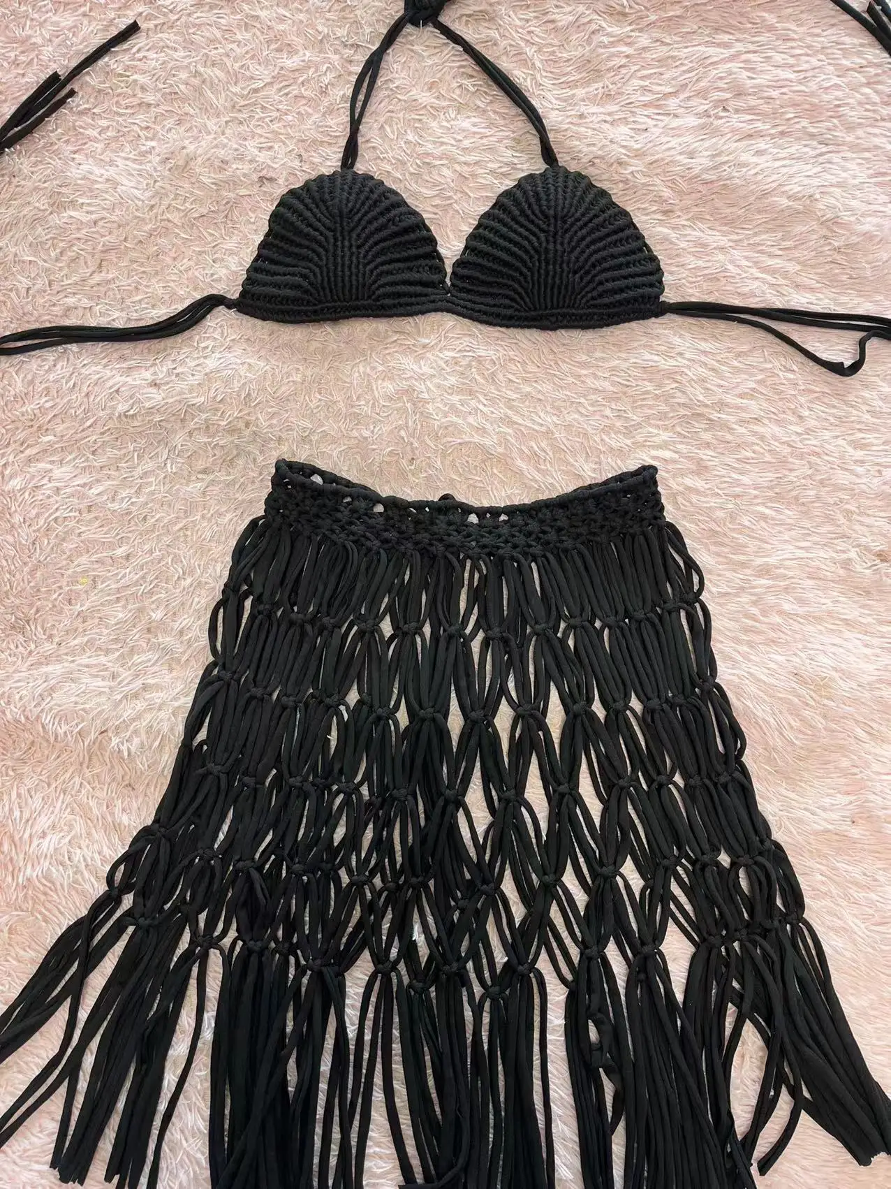 Beachapche Women Holiday Two Piece Set Y2K Hand Macrame Backless Tie Up Crop Top + Crochet Hollow Out Tassel Bodycon Skirt Beach