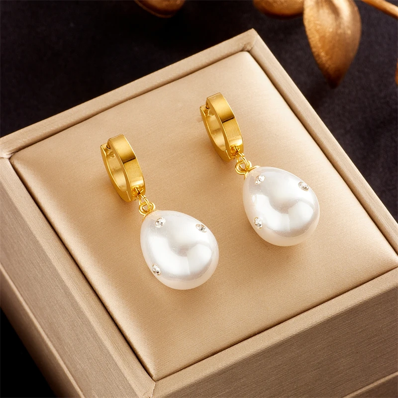 DIEYURO 316L Stainless Steel WaterDrop Shape Large Pearl Hoop Earrings For Women Fashion Girls Jewelry Festival Birthday Gifts