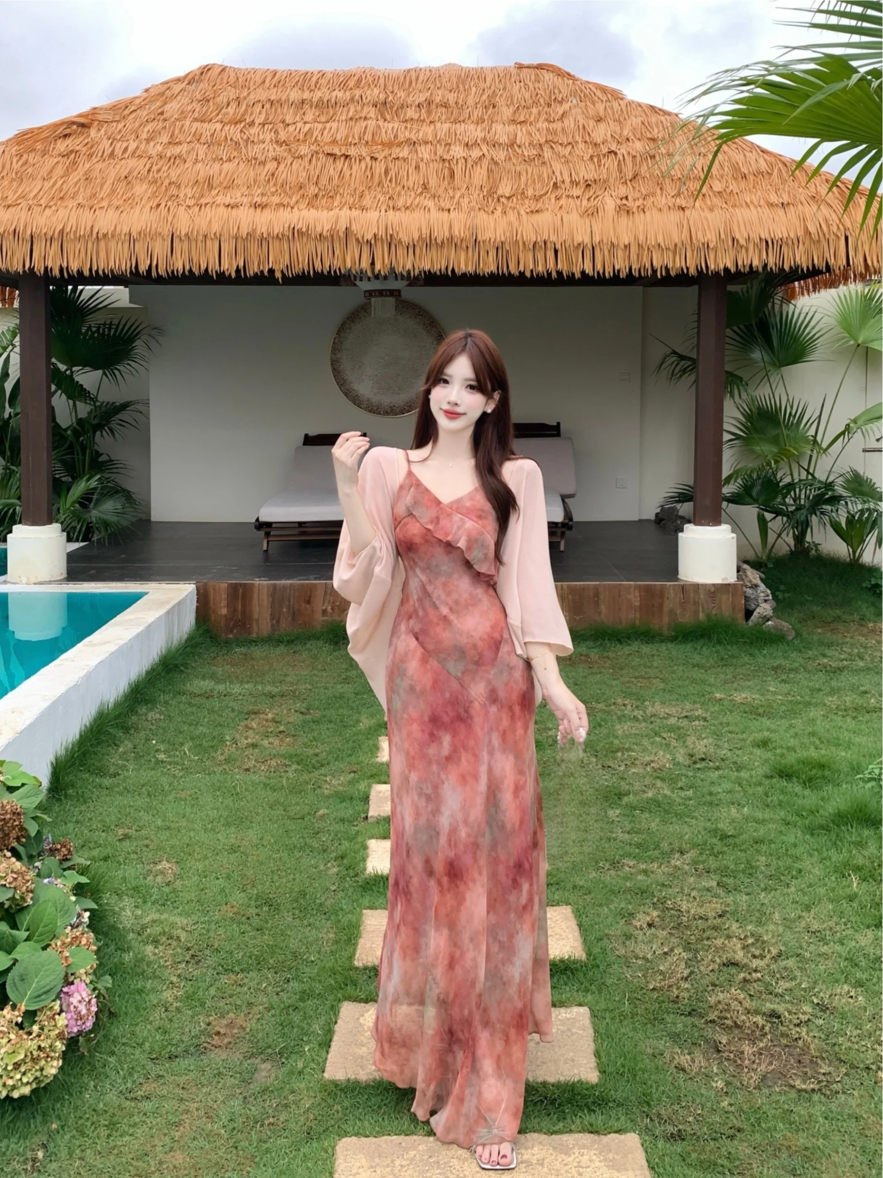 Nuevo Conjunto de Verano Dulce para Tallas Grandes: Cárdigan con Protección Solar, Vestido con Cuello en V y Dobladillo de Tul, Estilo Coreano, Moda para el Trabajo, Falda Acampanada
