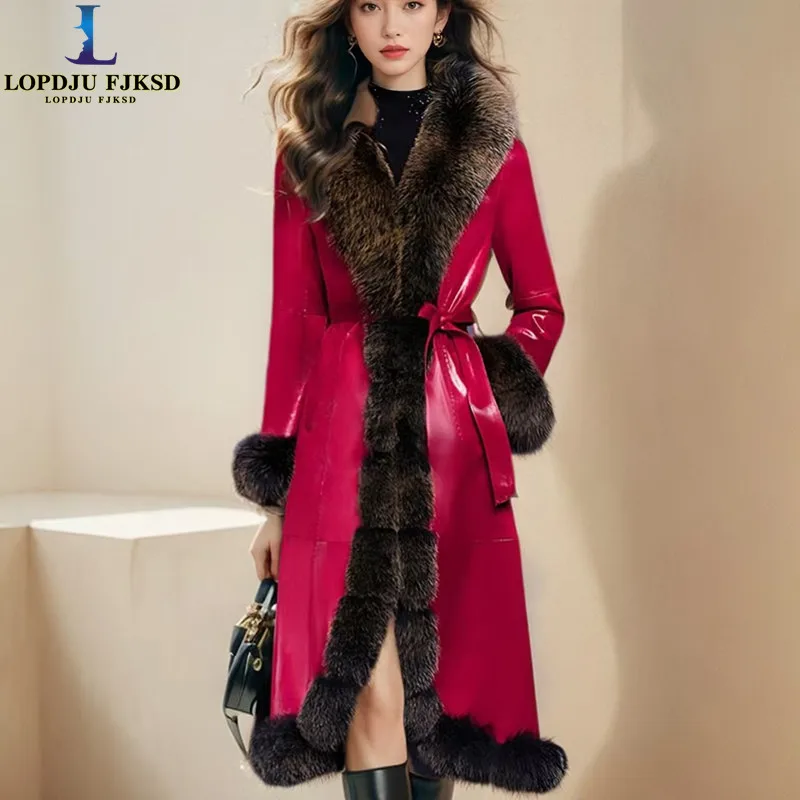 Faux Leather Coat for Women,Faux Fox Fur Collar Jacket,Adjustable Waist Outwear,Luxury,Korean,Autumn and Winter