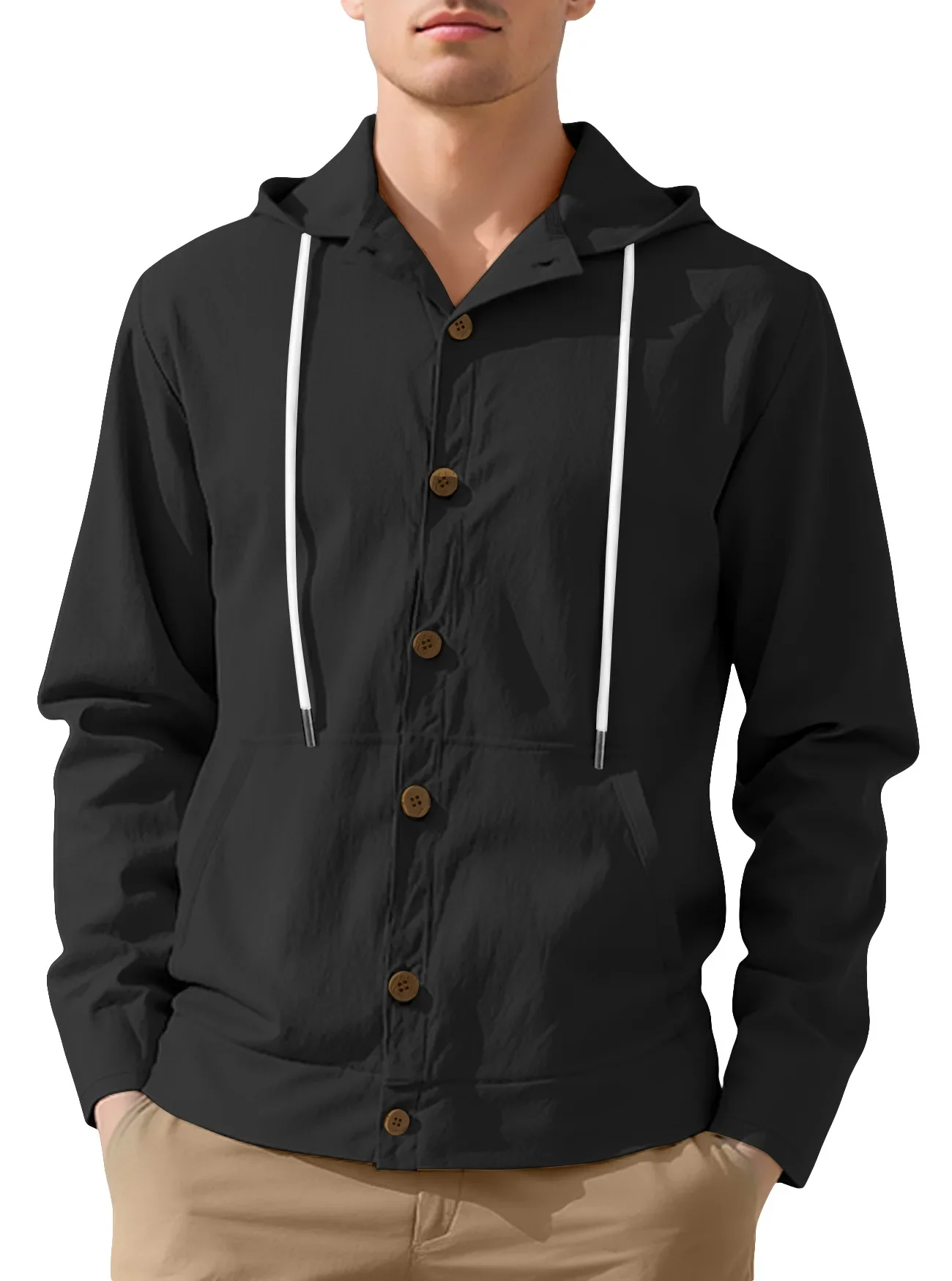 European American Spring Autumn New Fashion Men Solid Color Long Sleeve Single Breasted Hooded Shirt Cardigans Male Top Clothes
