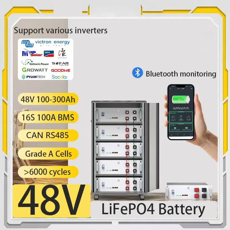 

Литий-железо-фосфатный 48 В, 150 Ач, 7,6 кВт, литиевая батарея Bluetooth, 51,2 В, 100 Ач, 200 Ач, 6000 + велосипед, 32 параллельных CAN/RS485, солнечная энергия