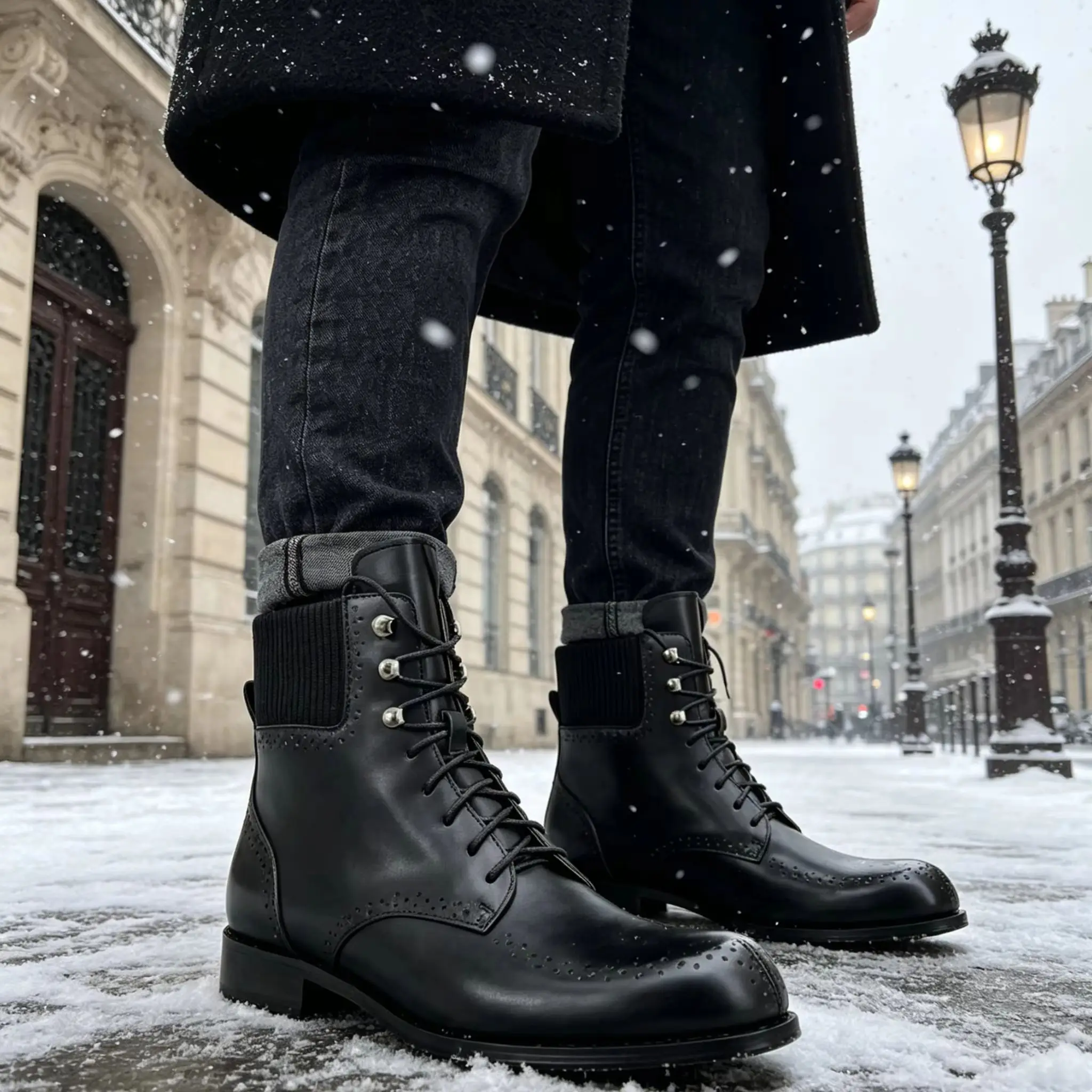 

Breathing Holes Black Leather Short Boots For Men Knitting New Shoes Chunky Low Heels Round Toe Lace-Up Metal Buckle Men's Botas