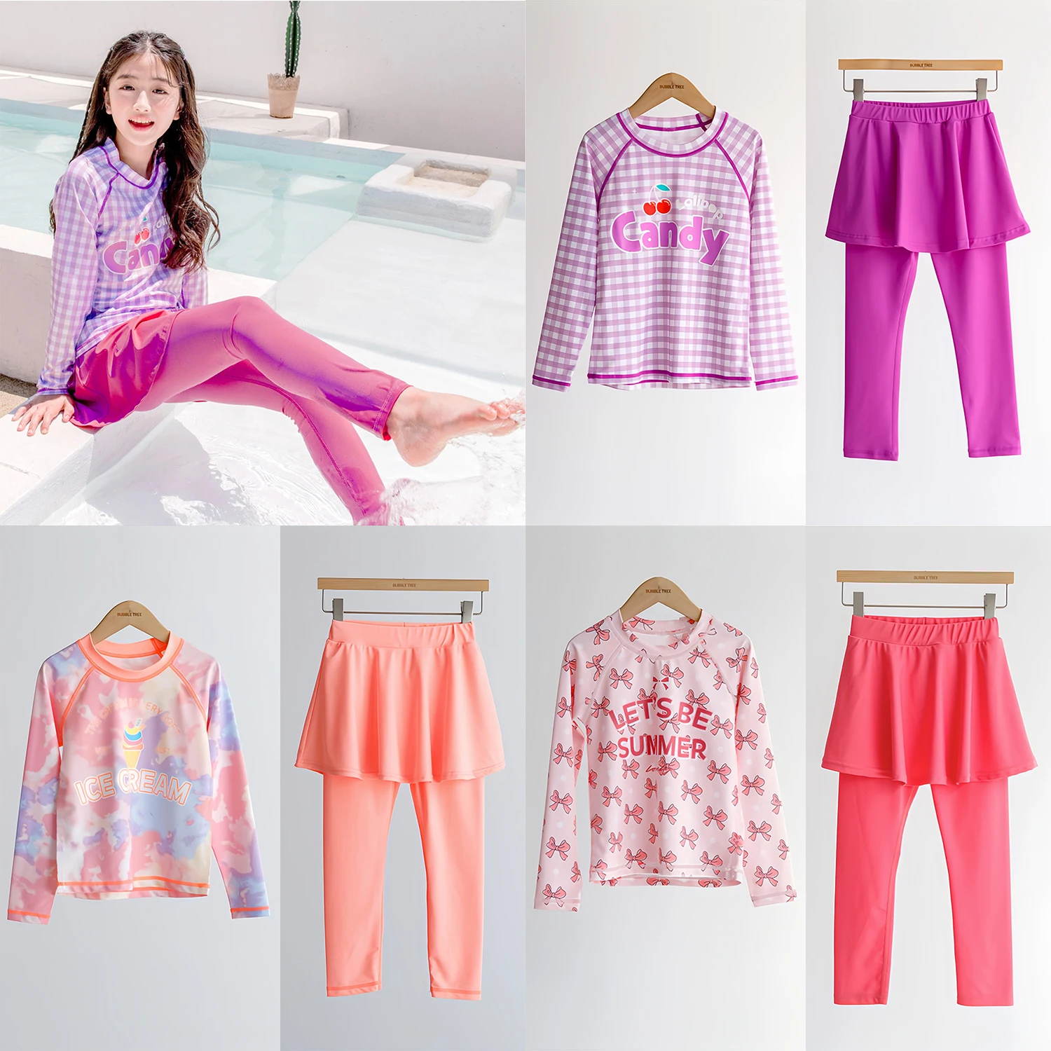 Korean Girls' Swimsuit with Long Pants, Skirt, and Long Sleeves, Cute Children's Swimwear with Sun Protection
