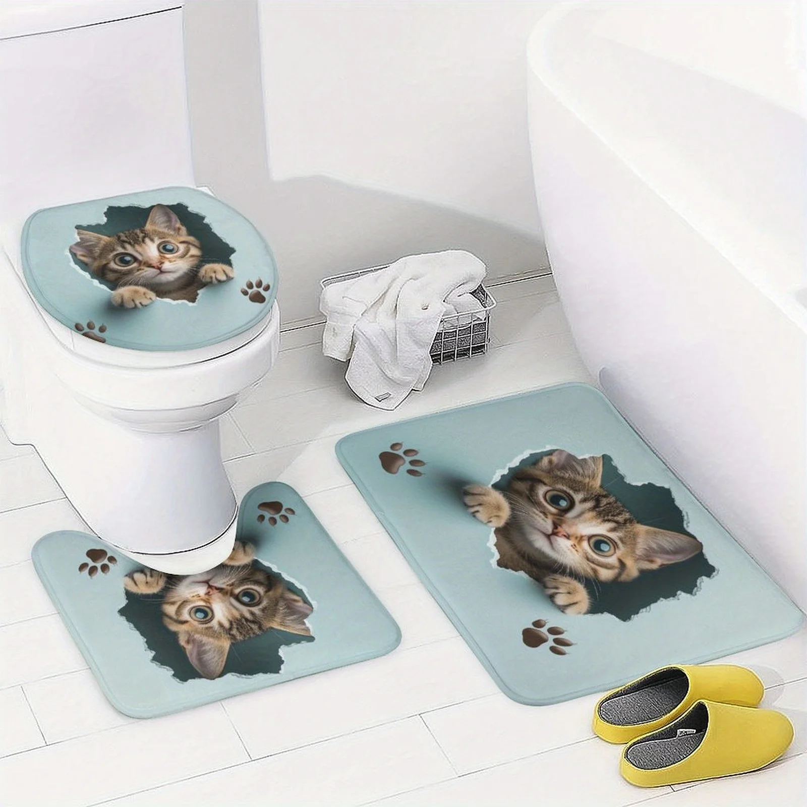 3pcs Cute Kitten Peeking Out Themed Bathroom Shower Curtain Set, Stylish And Novel Mats (bathroom Non-slip Mat, U-shaped Toilet