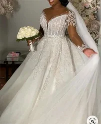 Customized New Arrival Sequins Luxury Long Sleeves Ball Gown Wedding Dresses Crystals Vintage Mermaid Bridal Gowns Removable Tra
