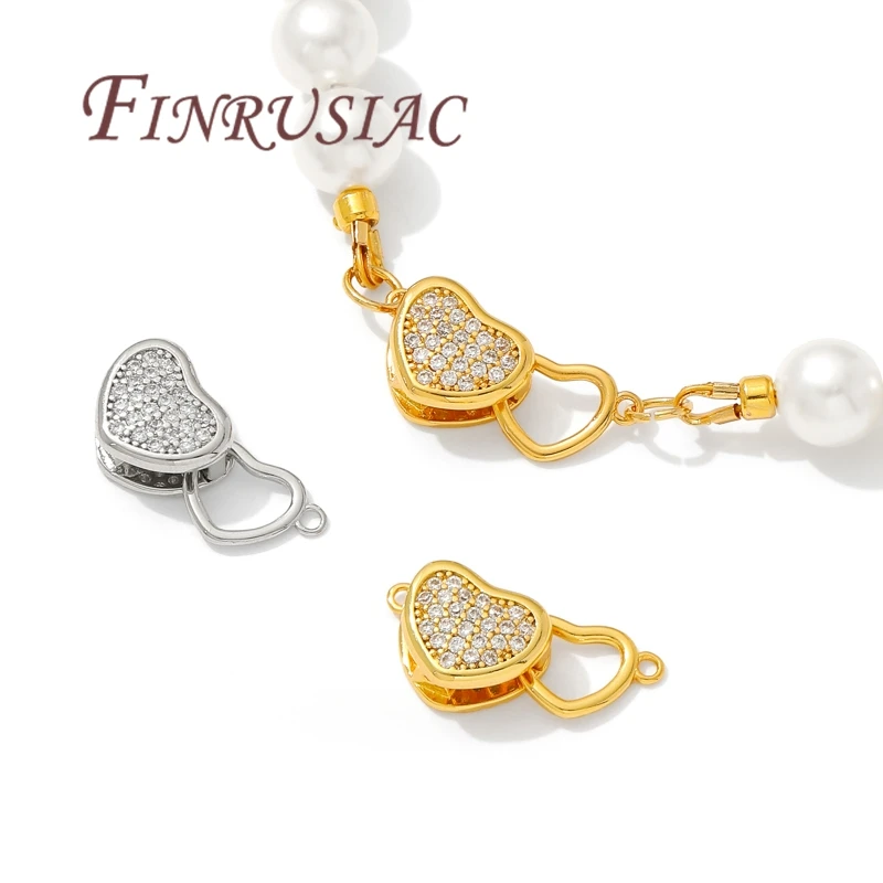 18K Gold Plated Heart Clasp CZ Paved Love Pearl Necklace Clasp with Loops For Jewelry Making DIY Bracelet Connectors Findigns