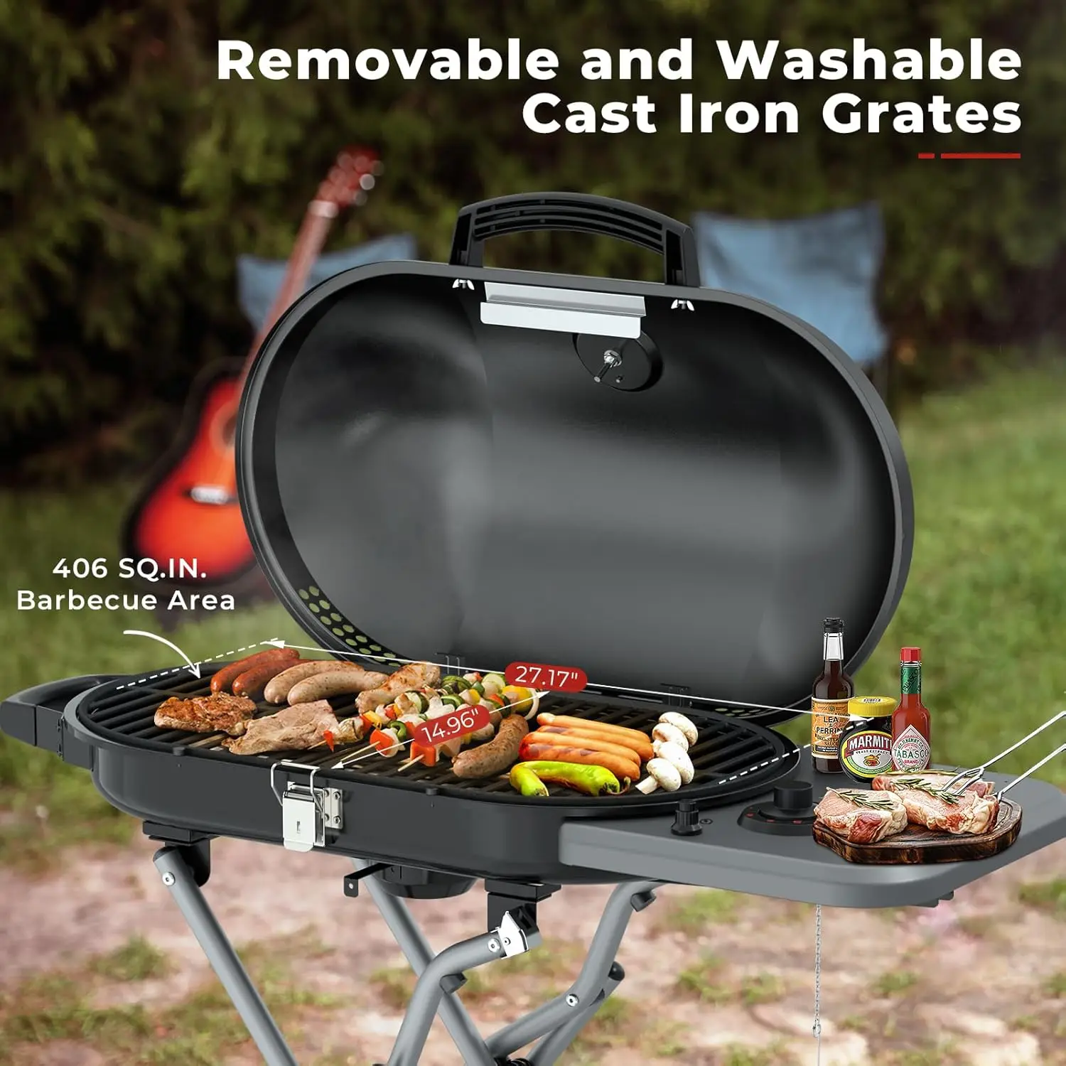 

Portable Propane Gas Grill, BBQ Grill with Porcelain-Enameled Cast Iron Grates, 406 sq.in. Grilling Areas, 15,000 BTU,