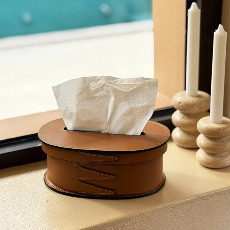 Retro Leather Tissue Box Cover 23.5cm with Zipper, Vintage Minimalist Paper Napkin Holder for Living Room, Home Decor Organizer