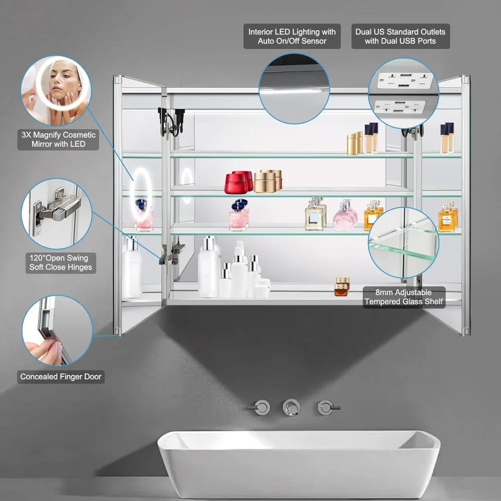 36x30 LED Mirror Medicine Cabinet Recessed or Surface, Defogger, Makeup Mirror 3X, Adjustable Color Temp & Dimmer, Outlets & USB