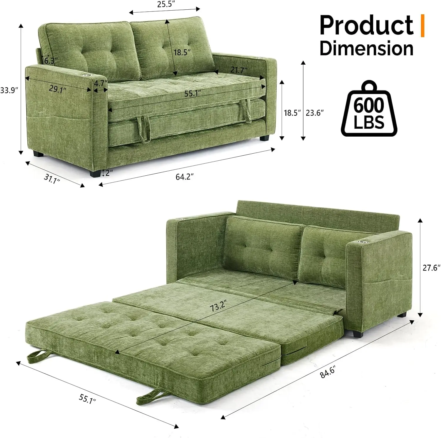 Sofa Bed Full Size Pull Out Couch Bed Olive Green Futon Couch Loveseat Sleeper Floor Couches for Living Room Convertible