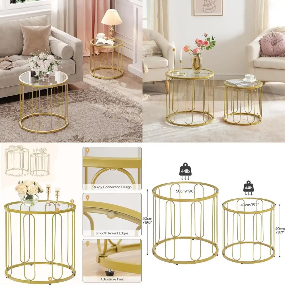 طقم طاولة قهوة صغيرة من HOOBRO مكون من قطعتين، طاولات نهاية ذهبية بإطار معدني، طاولة جانبية مستديرة للقهوة مع سطح من الزجاج المقسى، fo