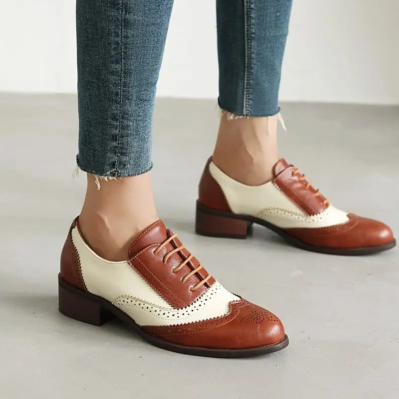 ASILETO British Style Vintage Women Flats punta tonda tacchi spessi colore misto Lace Up Brogues scarpe Casual Big Size 47 48