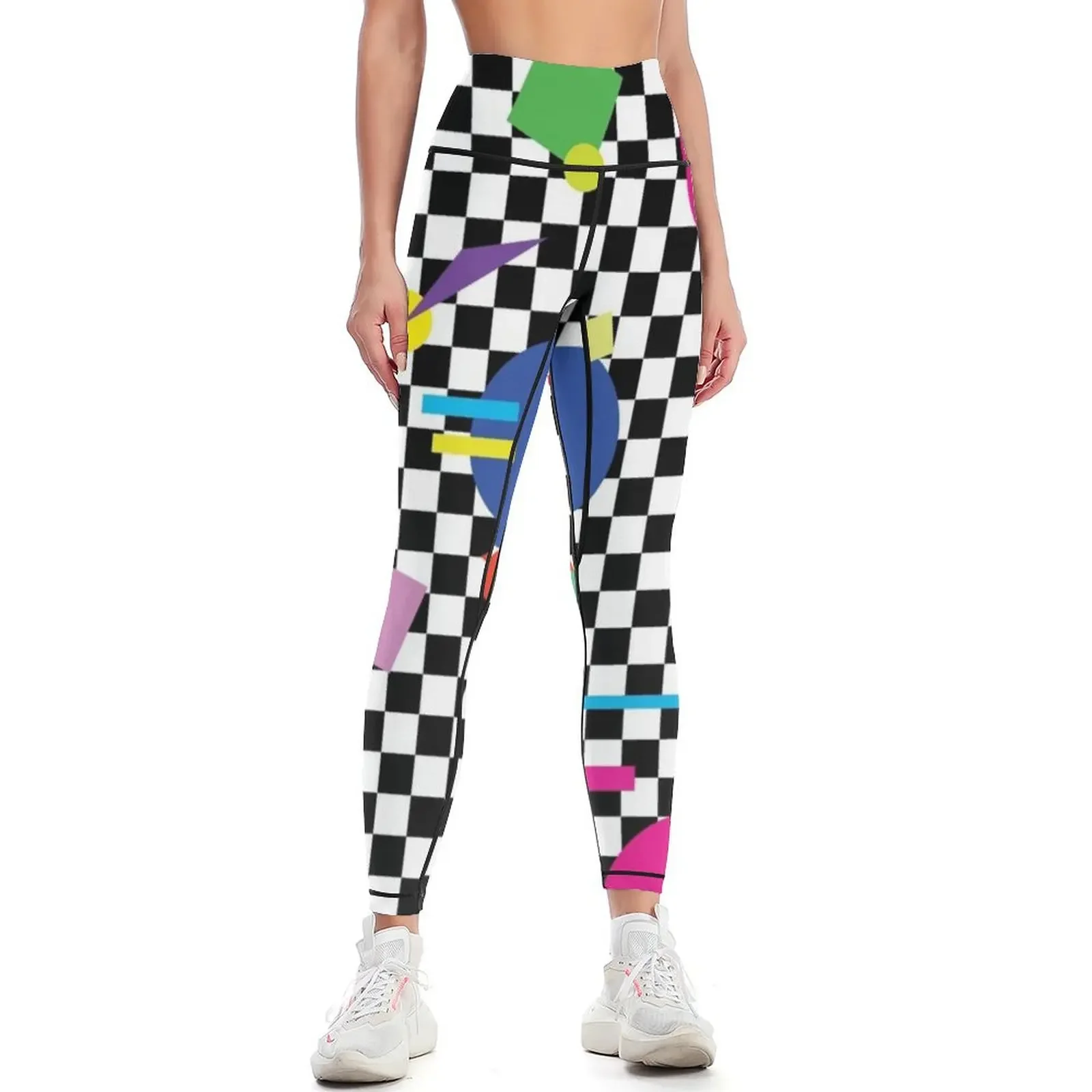 

Retro Classic 1980s Shapes On Black and White Check - Retro Shapes #1 Leggings Women's high waist sport legging Womens Leggings
