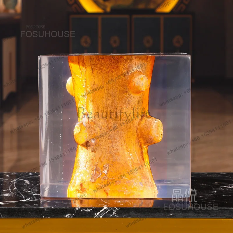Elegant Transparent Resin Sculptures Solid Wood Inlaid One-piece Chinese Statues Home Decoration Living Room Hotel Home Decor