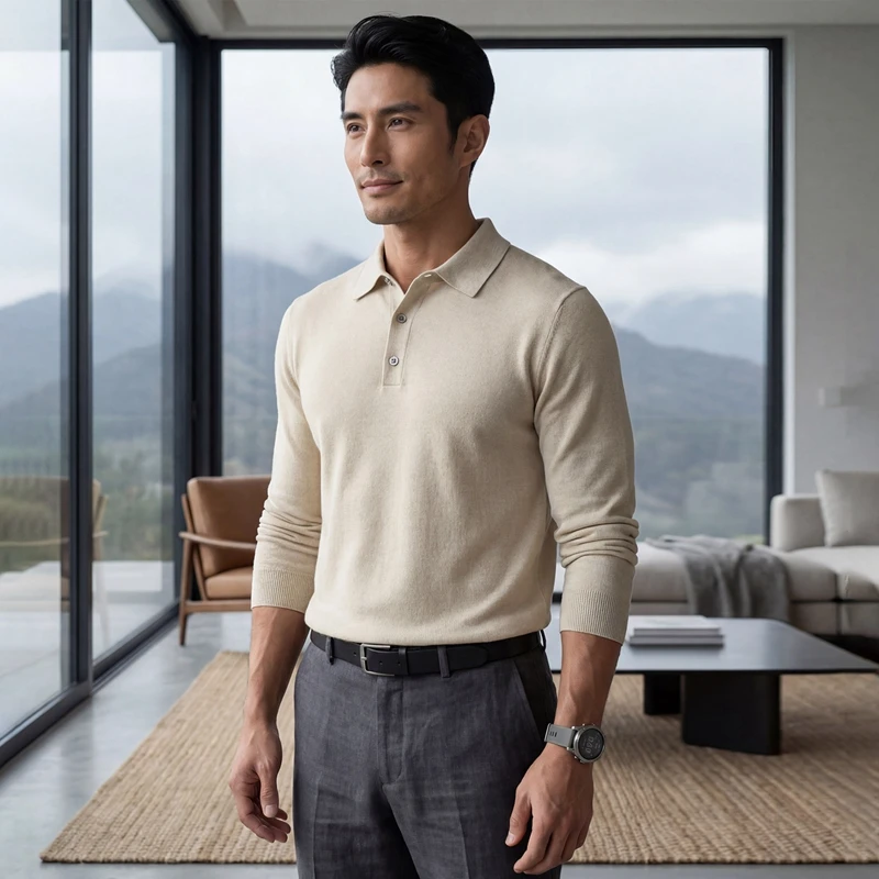100% pure cashmere men's pullover business casual 18 needle knit spun sweater POLO collar Tops loose Jumper high-quality luxury