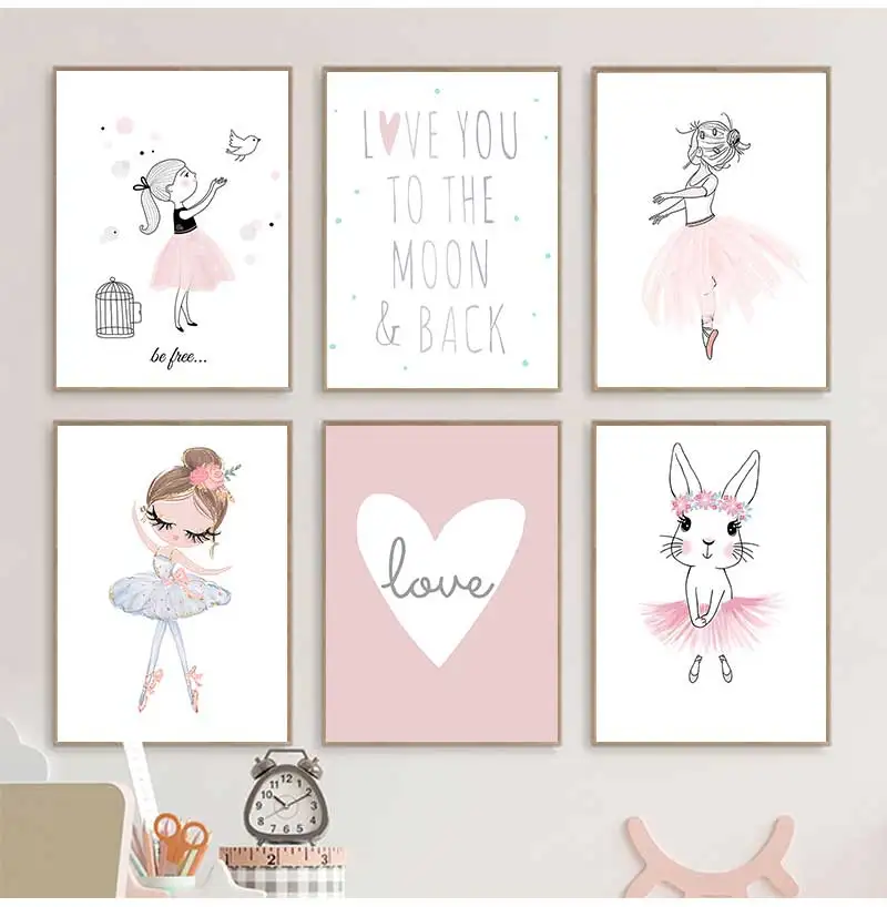 Art Canvas Painting Prints Ballet Girl Bedroom Picture Kids Room Poster Pink Rabbit Children Baby Decor Nursery Wall