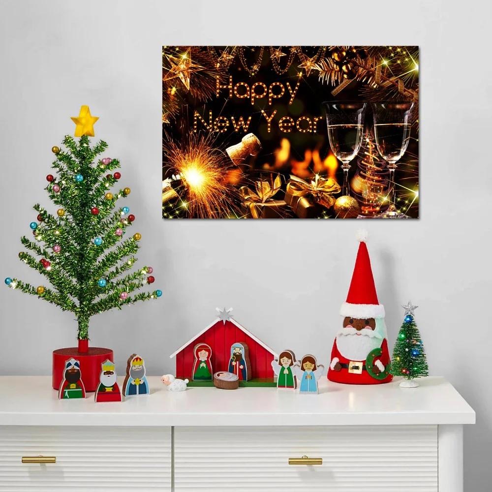 1PCS Framed Canvas Wall Art Decor Painting For New Year, Golden Happy New Year Bless Champagne Gift Painting For New Year Gift