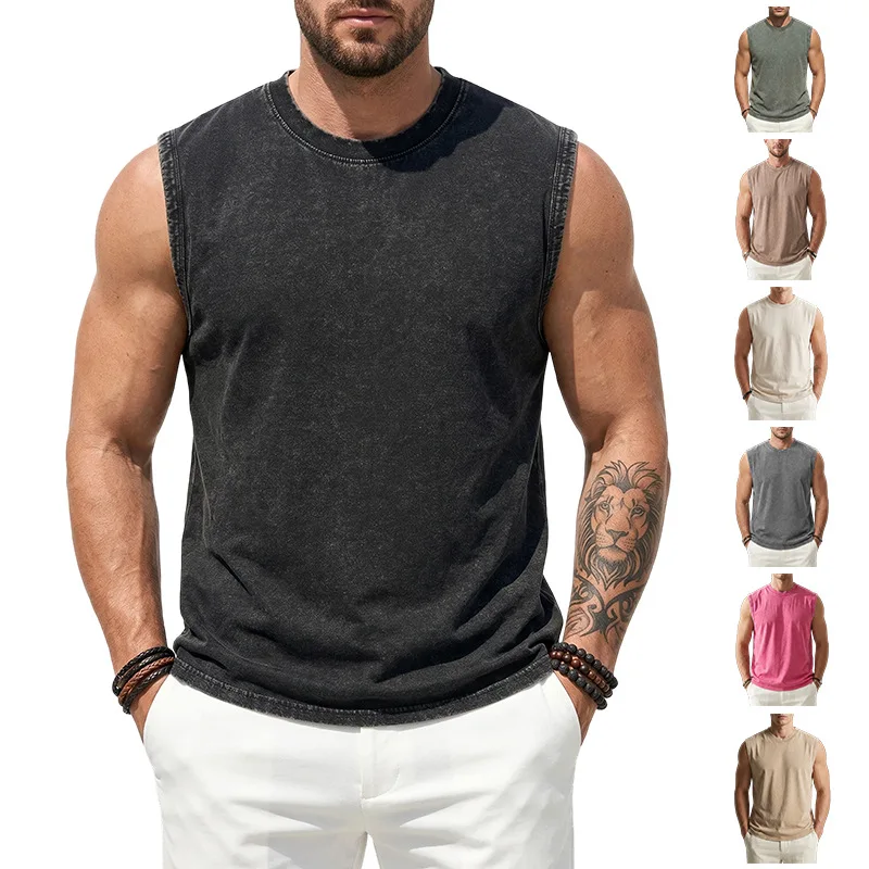 Mens Summer Washed Cotton Tank Top Muscle Gym Sleeveless Workout T Shirt Running Beach Loose Cutoff Breathable Lightweight Tee