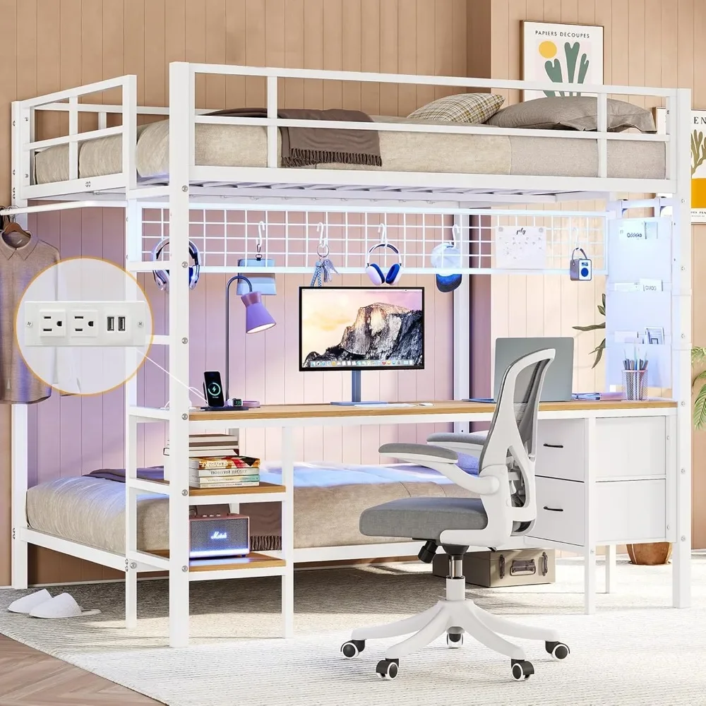 Full Over Twin Size Bunk Bed with Desk and Led Lights Metal Loft Bed Frame with Charging Station,Storage Shelves and Drawers