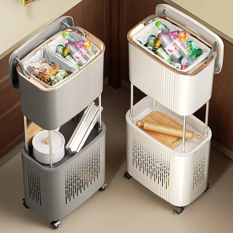 Nordic Kitchen Cart Rack Household Fruit and Vegetable Basket Seasoning Bottle Cutlery Storage Rack Garbage Sorting Bucket