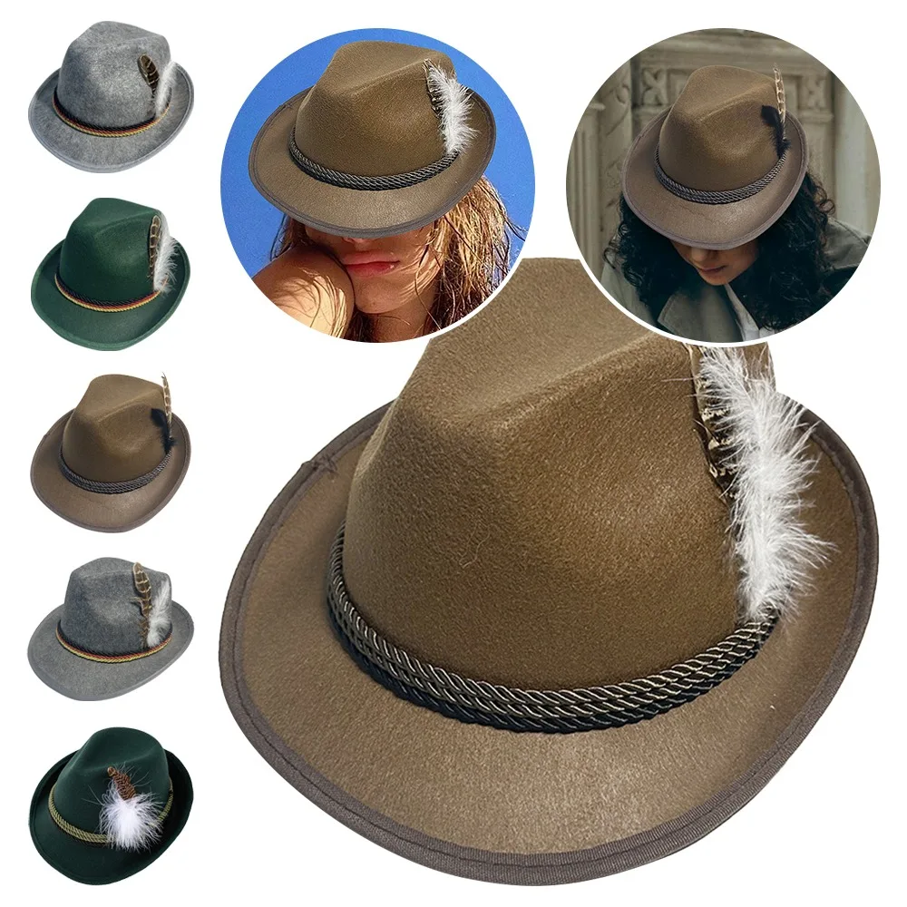 Classic Bavarian Feather Hat Decorative Side Cord Structured Brim Jazz Cap Western Dress Up Costume Cap Halloween Party