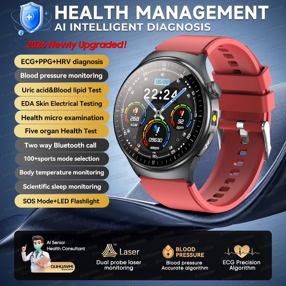 2026 Nieuwe Micro Fysieke Onderzoek Gezondheid Smartwatch Heren ECG Urinezuur Lipiden Bloeddruk BT Oproep Smartwatch Voor Android IOS