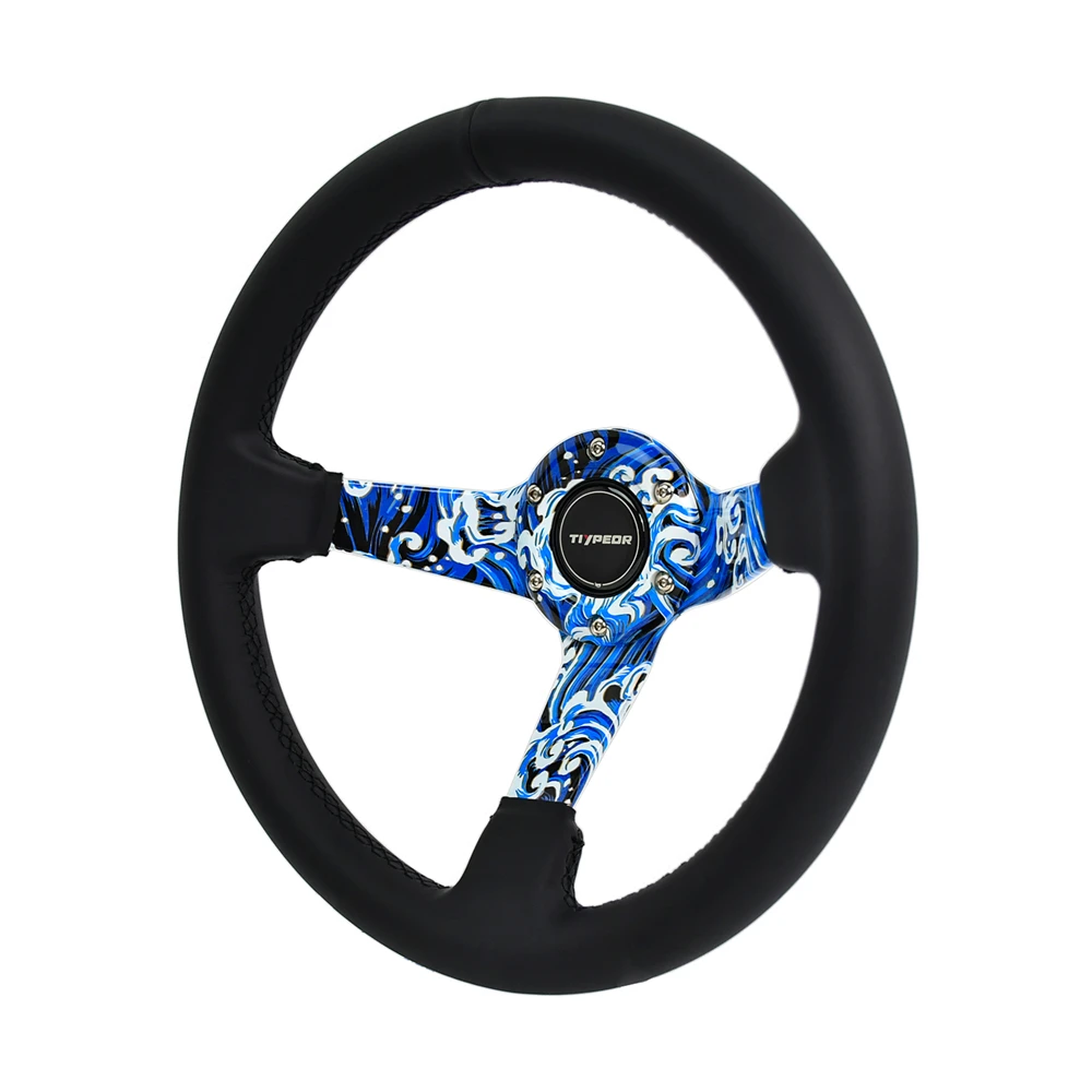 TIYPEOR 13Inch 325mm JDM Racing Steering Wheel Universal Car Modification Ukiyo‑e Wave Samurai Style Genuine Leather Drift