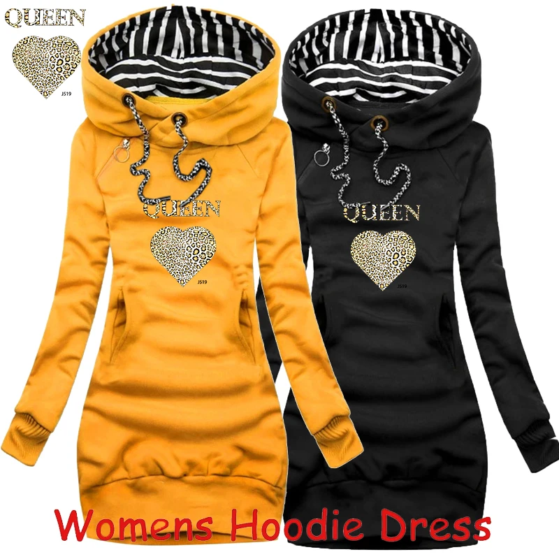 

Women QUEEN Hoodie Dress Casual Solid Color Long Sleeve Drawstring Hoodie Dress With Pocket Slim Hooded Pullover Sweatshirt Dres