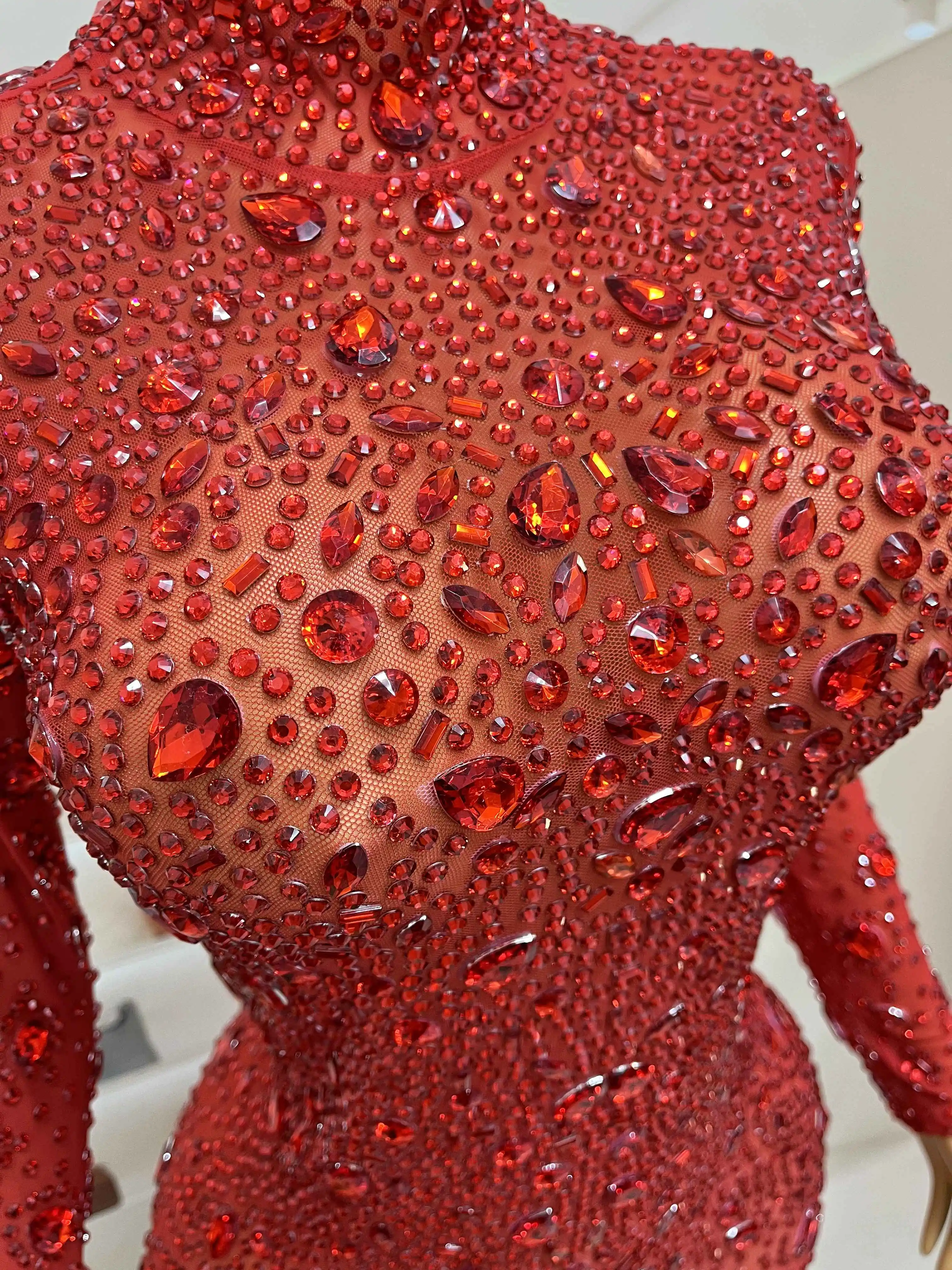 Fashion Shining Full Red Rhinestones Sexy High split Mesh Dress Evening Cocktail Party Gown Red carpet Stage Outfit Hongmanxion view 6