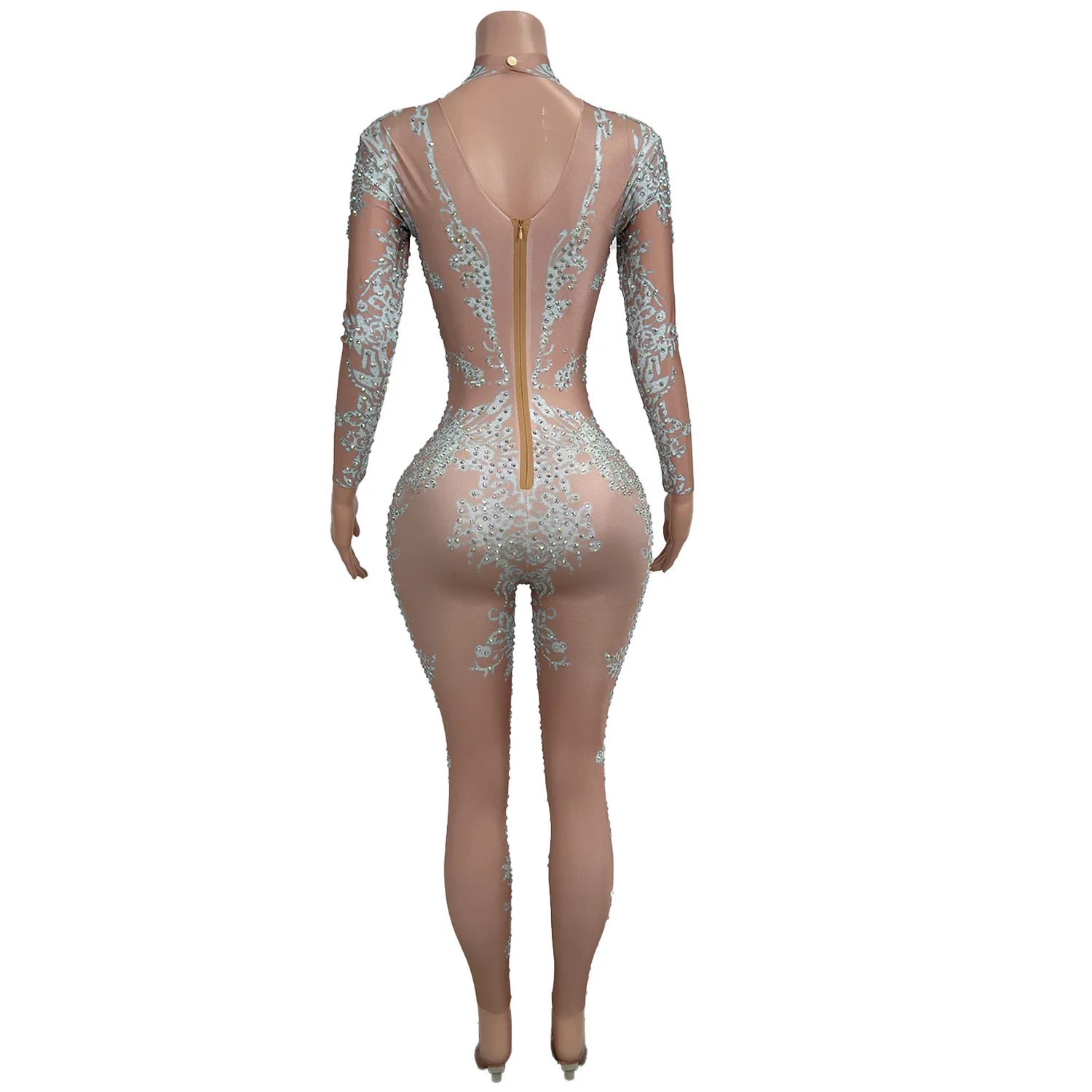 

Sexy Long Sleeves Crystal Bodycon Rompers Women Skinny Leotard Stage Performance Dance Bodysuits Club Party Rhinestone Jumpsuits