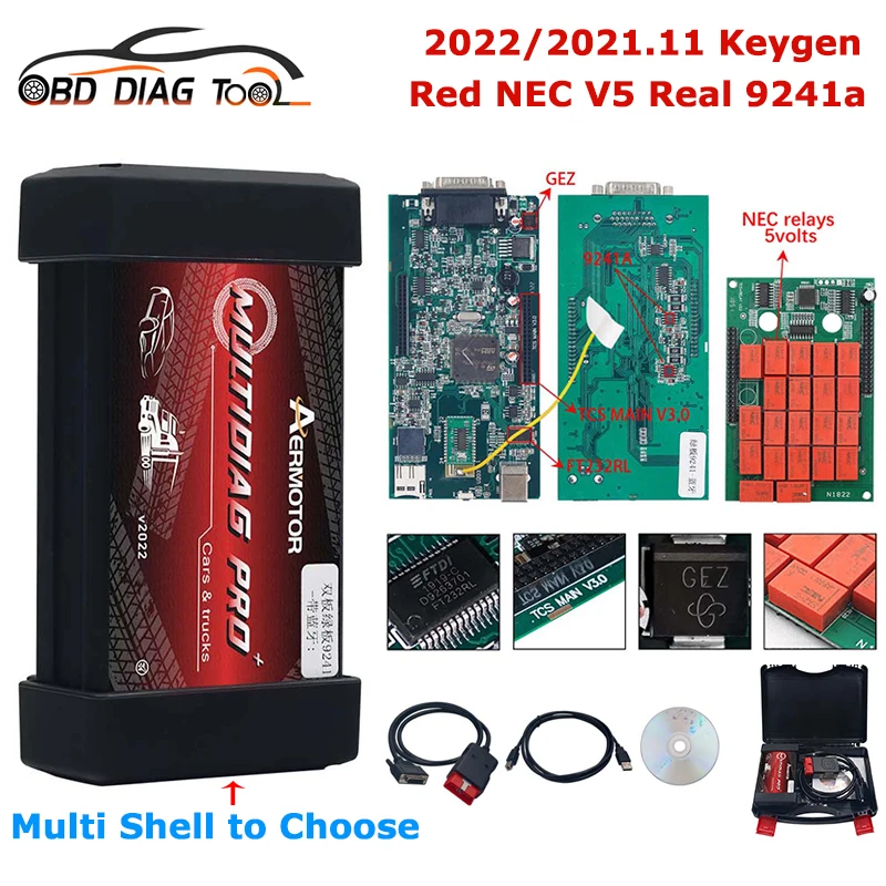 ماسح Multidiag Pro BT OBD2 ، ماسح أحمر NEC ، رقاقة 9241a حقيقية 5 فولت ، TCS ، VCI ، كابلات السيارة والشاحنات 8 ، بهيكل متعدد ، #1