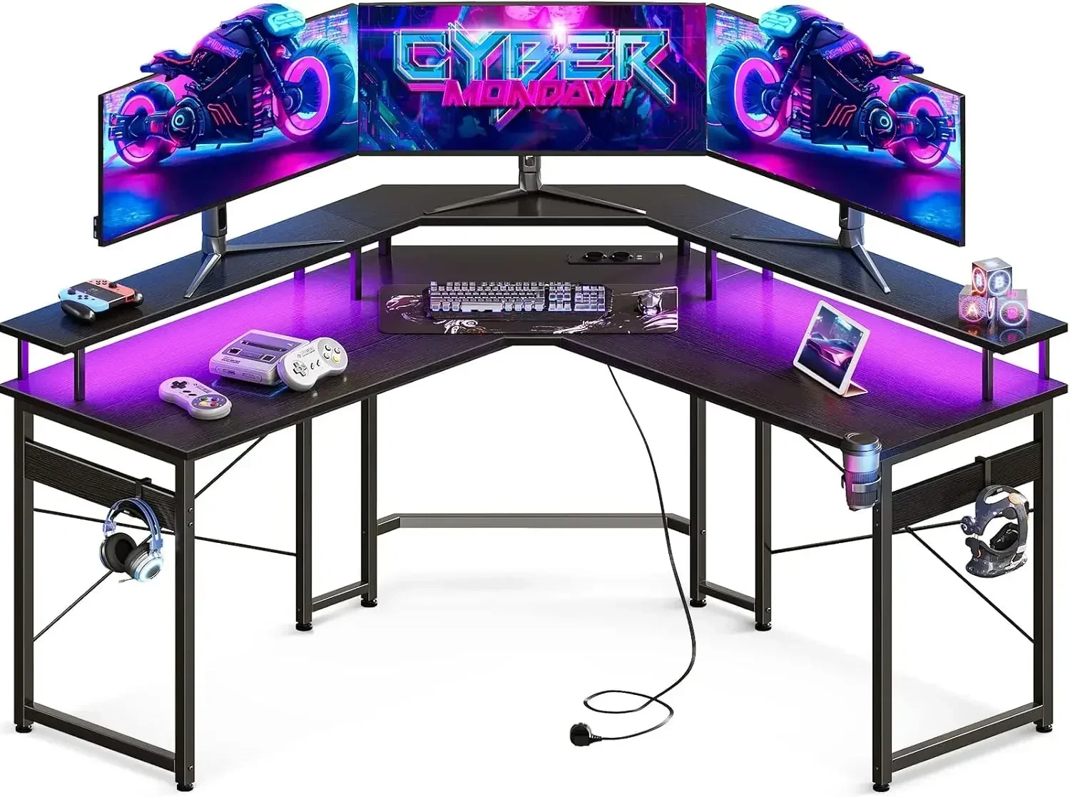Mesa Gaming con LED, Escritorio Gaming con Enchufes y Puertos USB, Mesa Escritorio Gaming con Soporte para Monitor