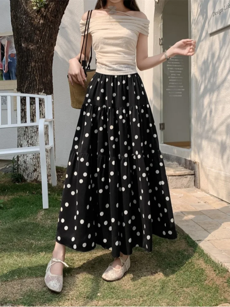 Classic Black White Large Polka Dot A-Line Midi Skirt Women's Elegant Design Slimming Half-length Skirt Summer Fashion