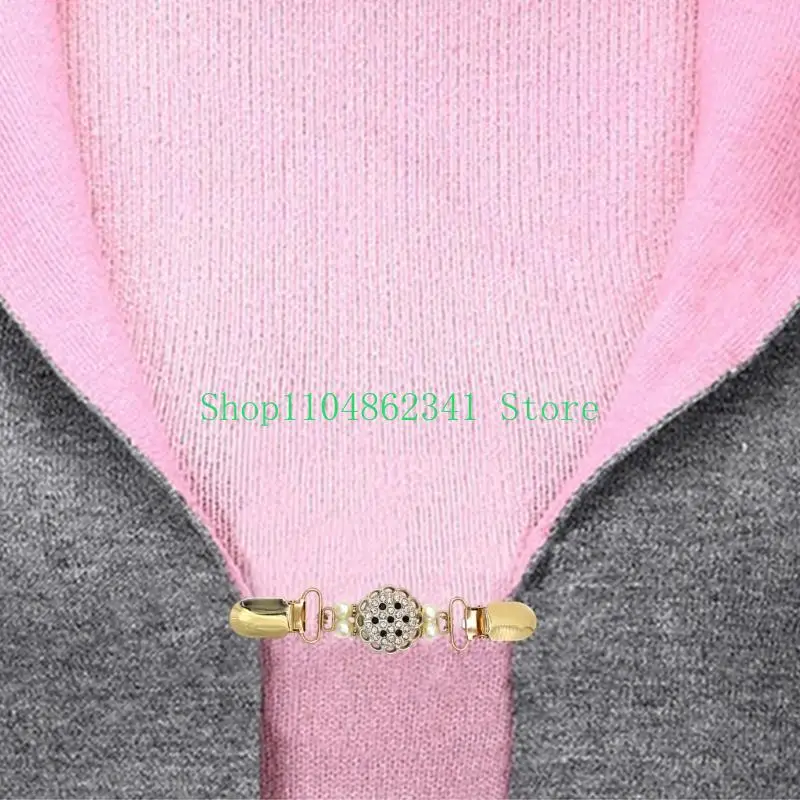 652F Women Pearl Cardigan Sweater Blouses Shawl Clips Shirt Collar Shawl Brooch Clasps