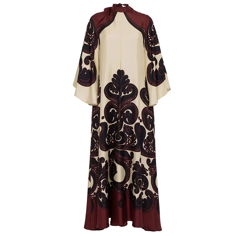 Ethnic Vintage Pattern Print Muslim Women Dresses Spring V Neck Lace-up Loose Long Dress Autumn 3/4 Flare Sleeve Boho Maxi Dress