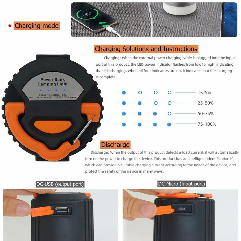 Lámpara LED portátil E2 para tienda de campaña, luz nocturna recargable con Control remoto, para exteriores, senderismo, pesca y trabajo, 4800mah