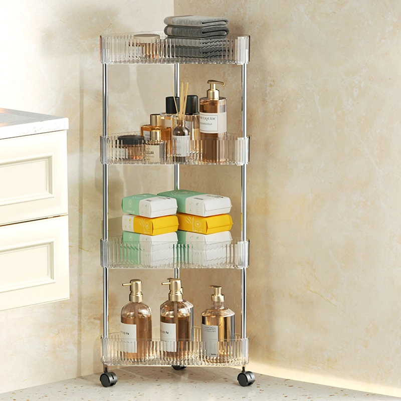 Gap Storage Rack 2/3/4 Layers Transparent Bathroom Shelf Washbasin Storage Trolley 360°Easy-Move Corner Space-Saving Toilet Rack