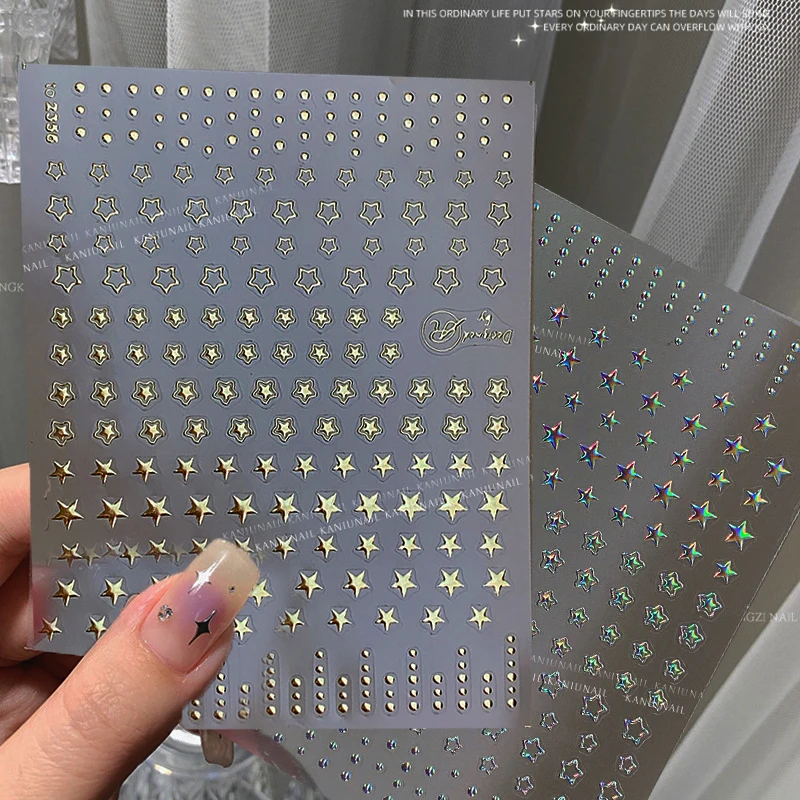 Bronzing Silver/Gold Star Design Nail Stickers Holographic Pentagram Star Adhesive Sliders DIY 8*10cm Laser Star Manicure Decal